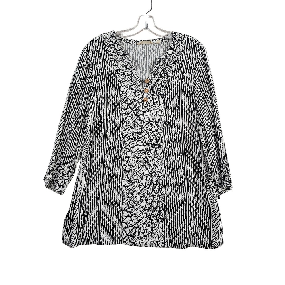 Soft Surroundings Tunic Women Medium Black White Abstract Rayon Boho V-Neck Top